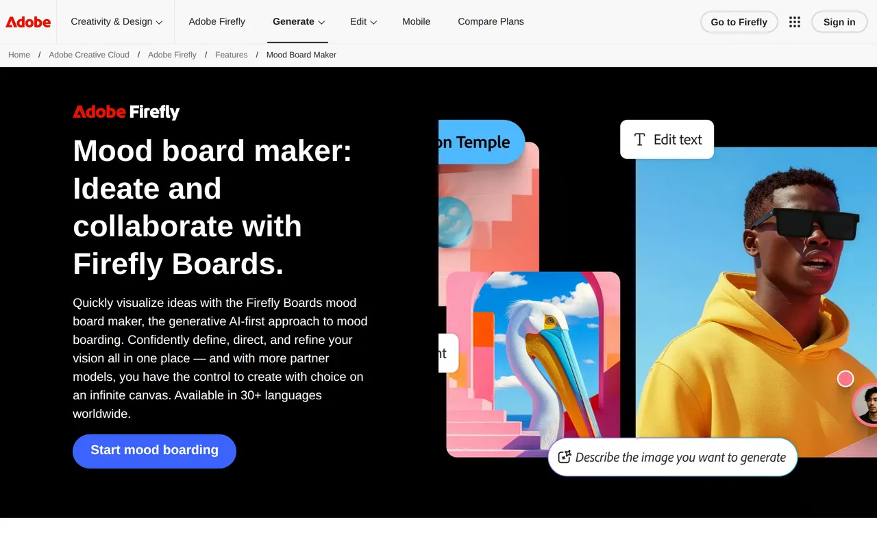 Adobe Express Mood Board home page screenshot