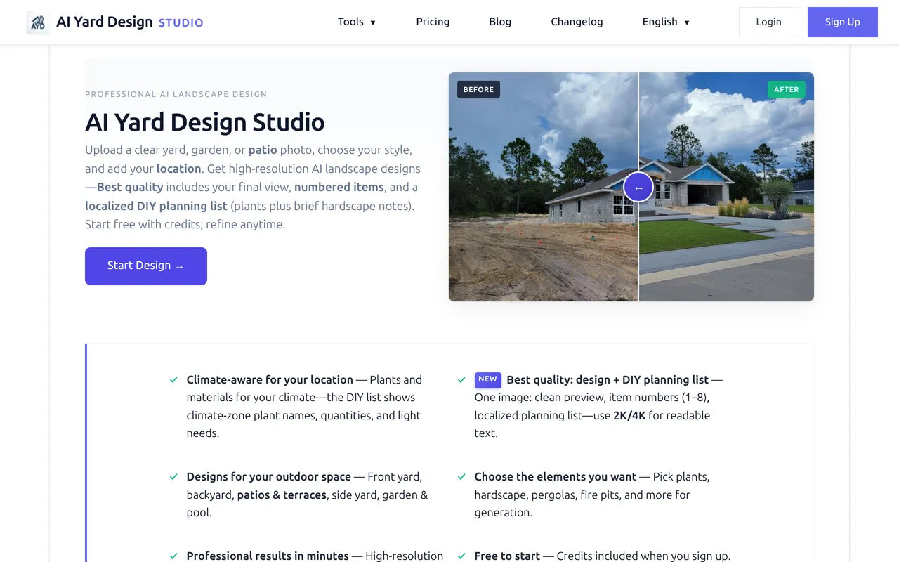 AI Yard Design Studio home page screenshot