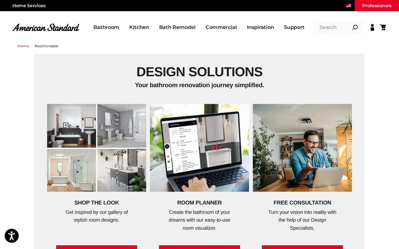 American Standard Room Planner home page screenshot