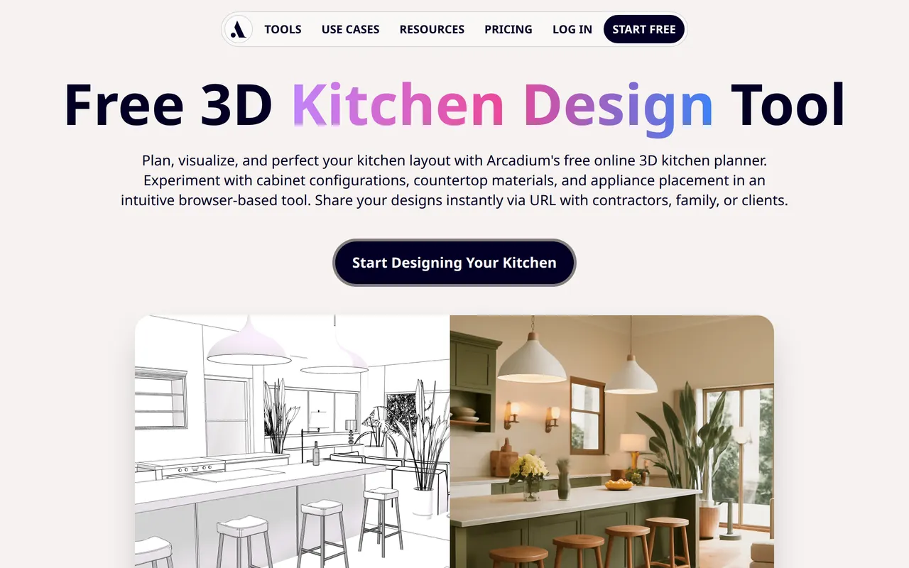 Arcadium 3D Kitchen Planner home page screenshot
