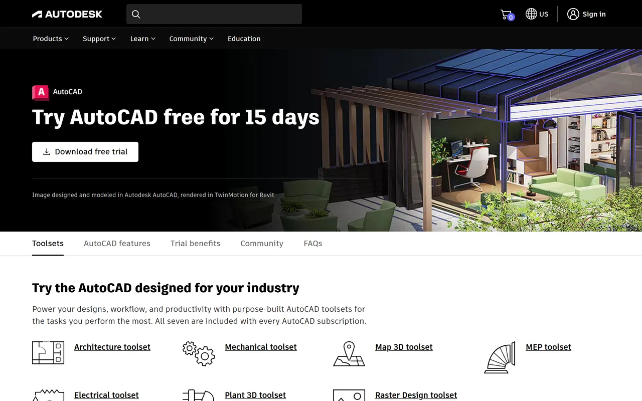 AutoCAD home page screenshot