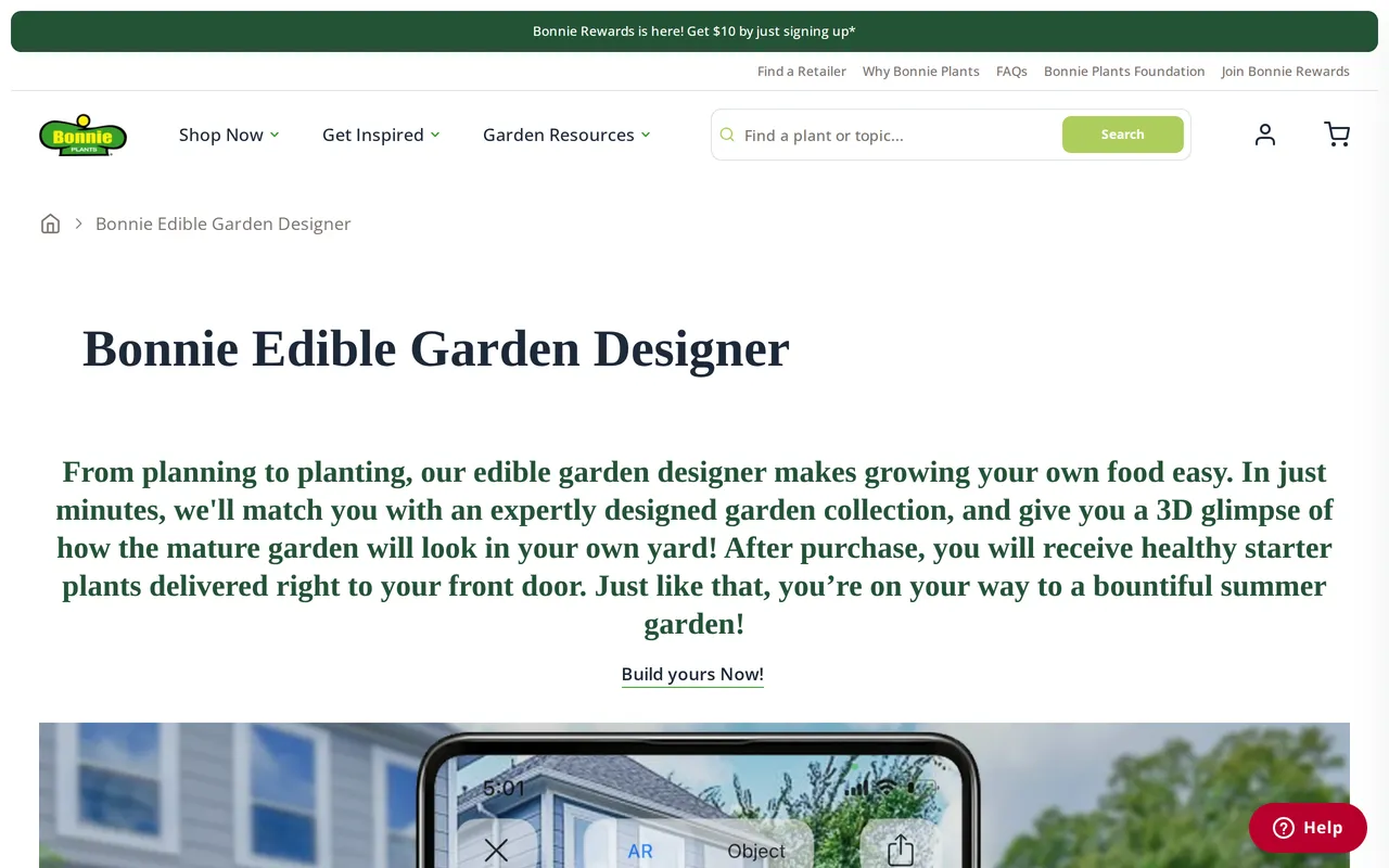 Bonnie Edible Garden Designer home page screenshot