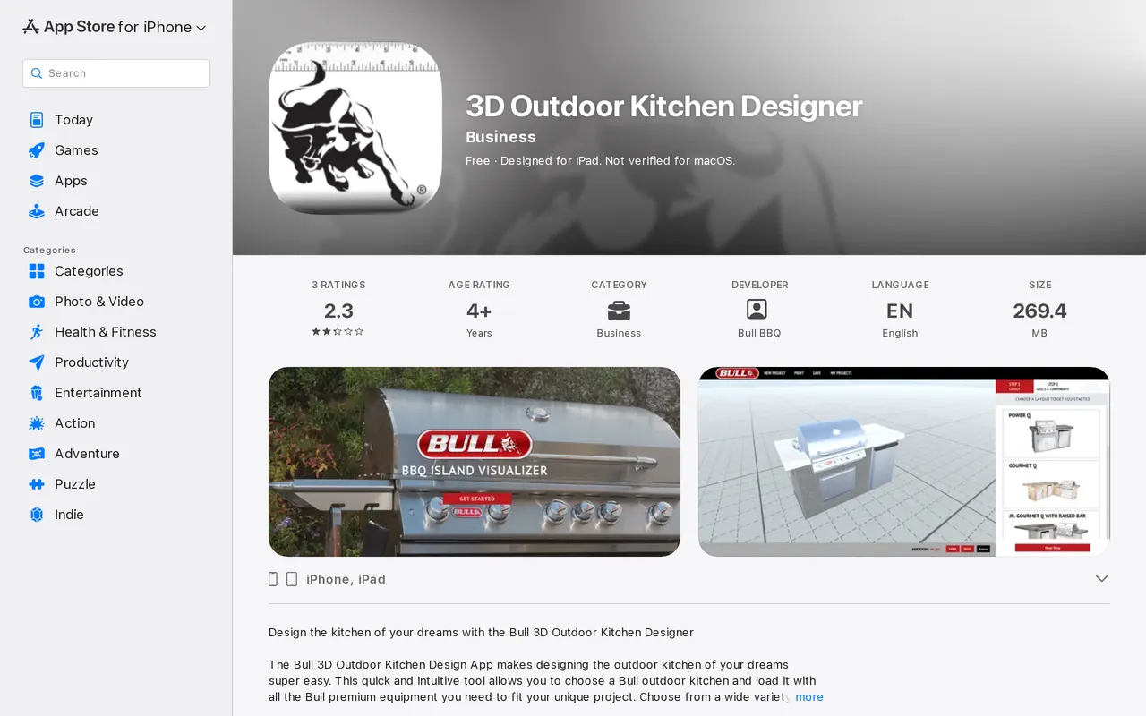 Bull 3D Outdoor Kitchen Designer home page screenshot