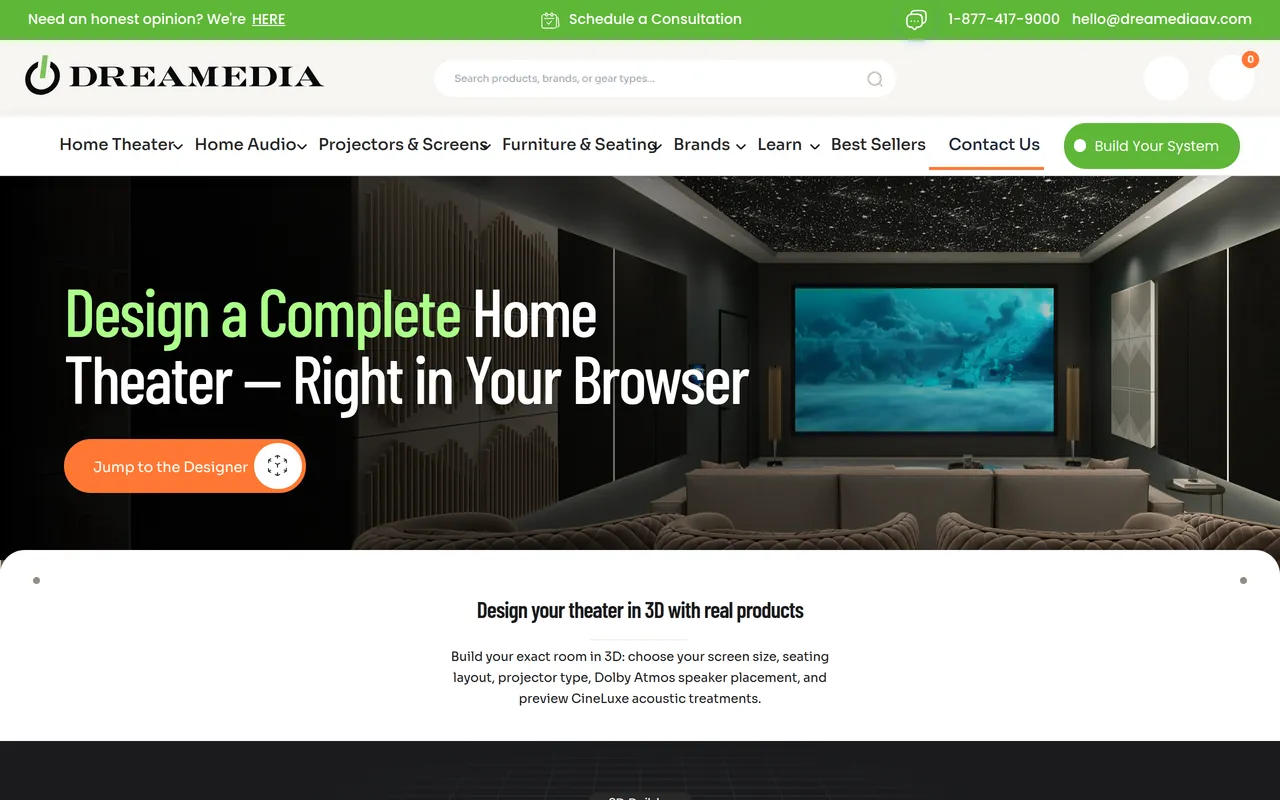 Dreamedia 3D Home Theater Design Tool home page screenshot
