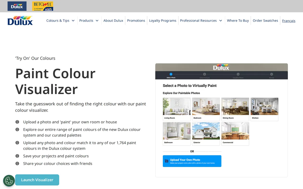Dulux Paint Colour Visualizer home page screenshot