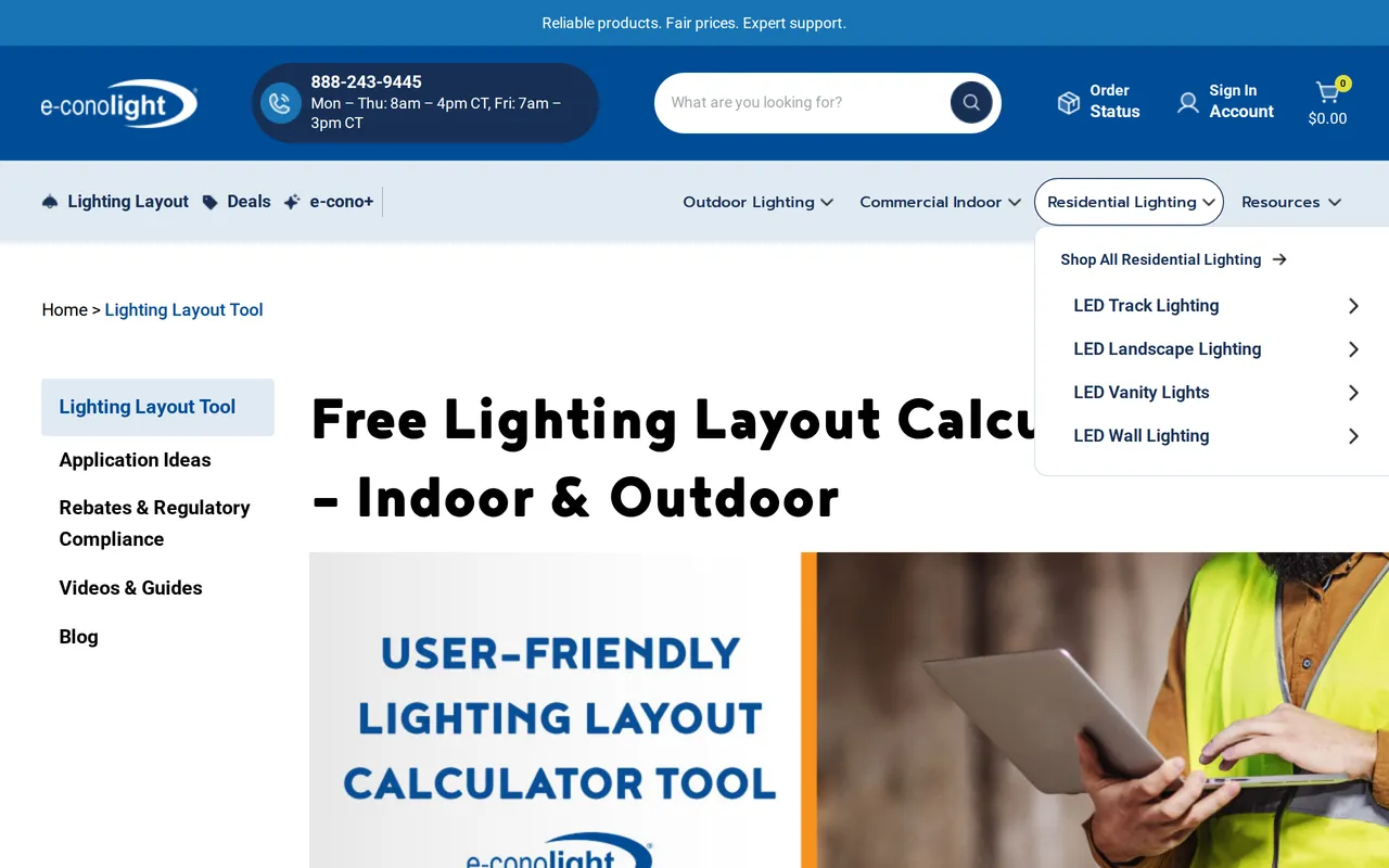 e-conolight Lighting Layout Tool home page screenshot