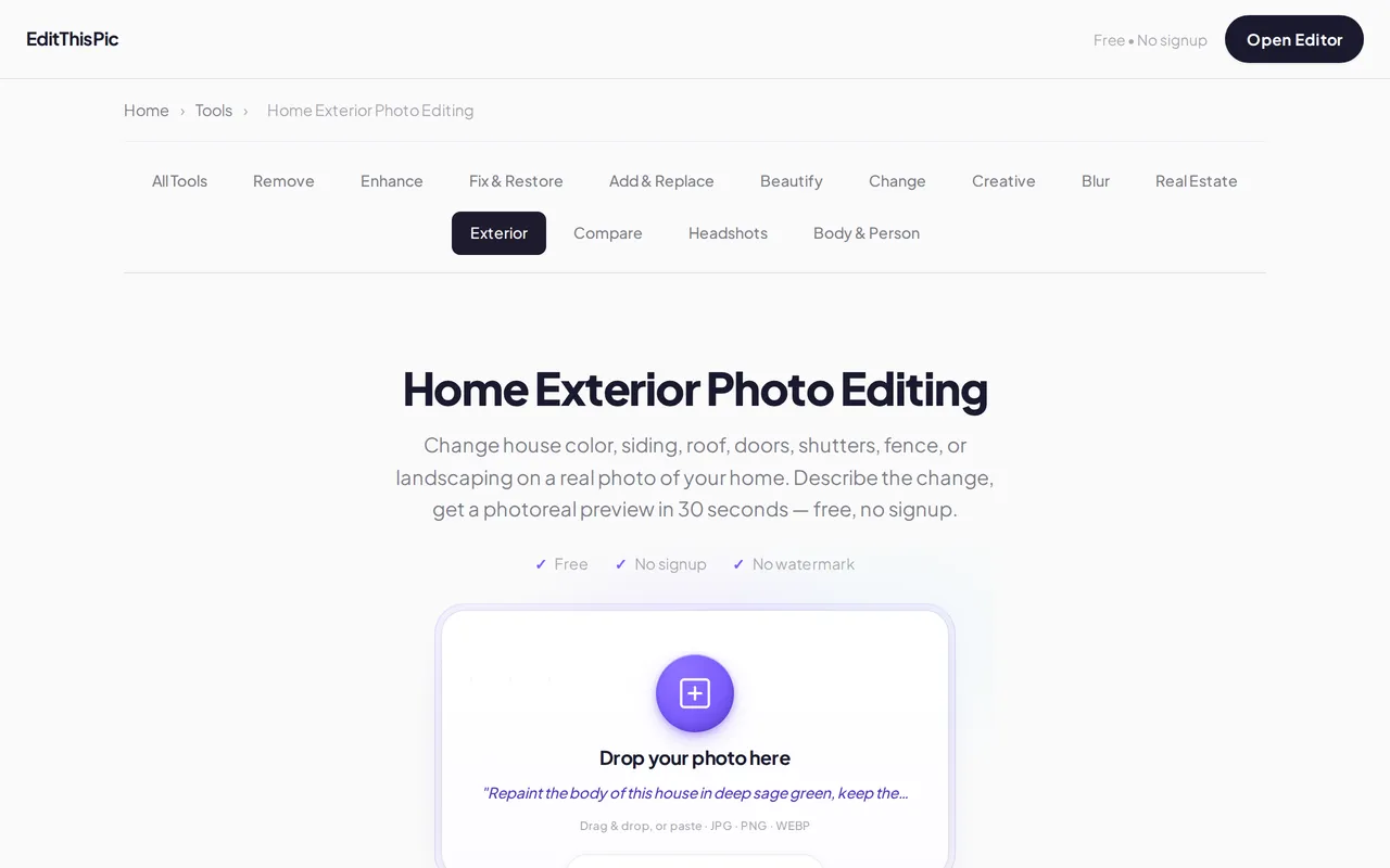 EditThisPic Home Exterior Editor home page screenshot
