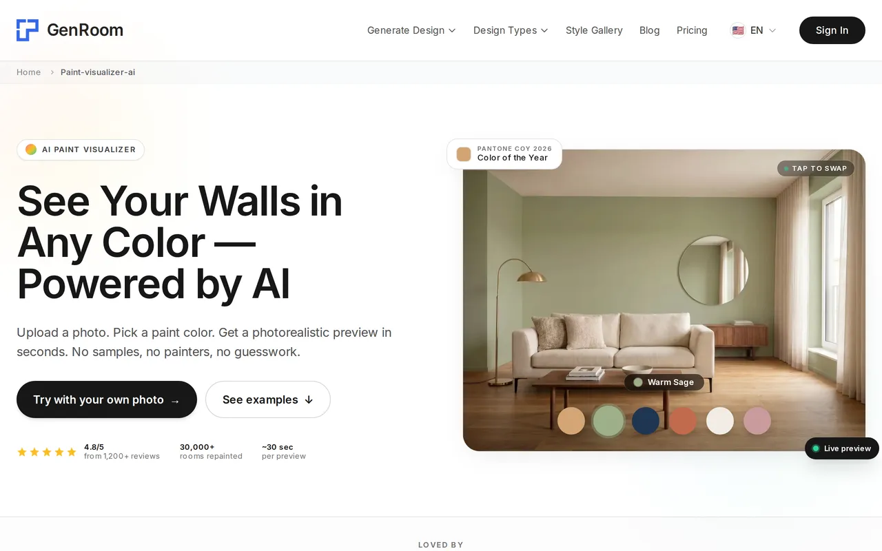 GenRoom AI Paint Visualizer home page screenshot