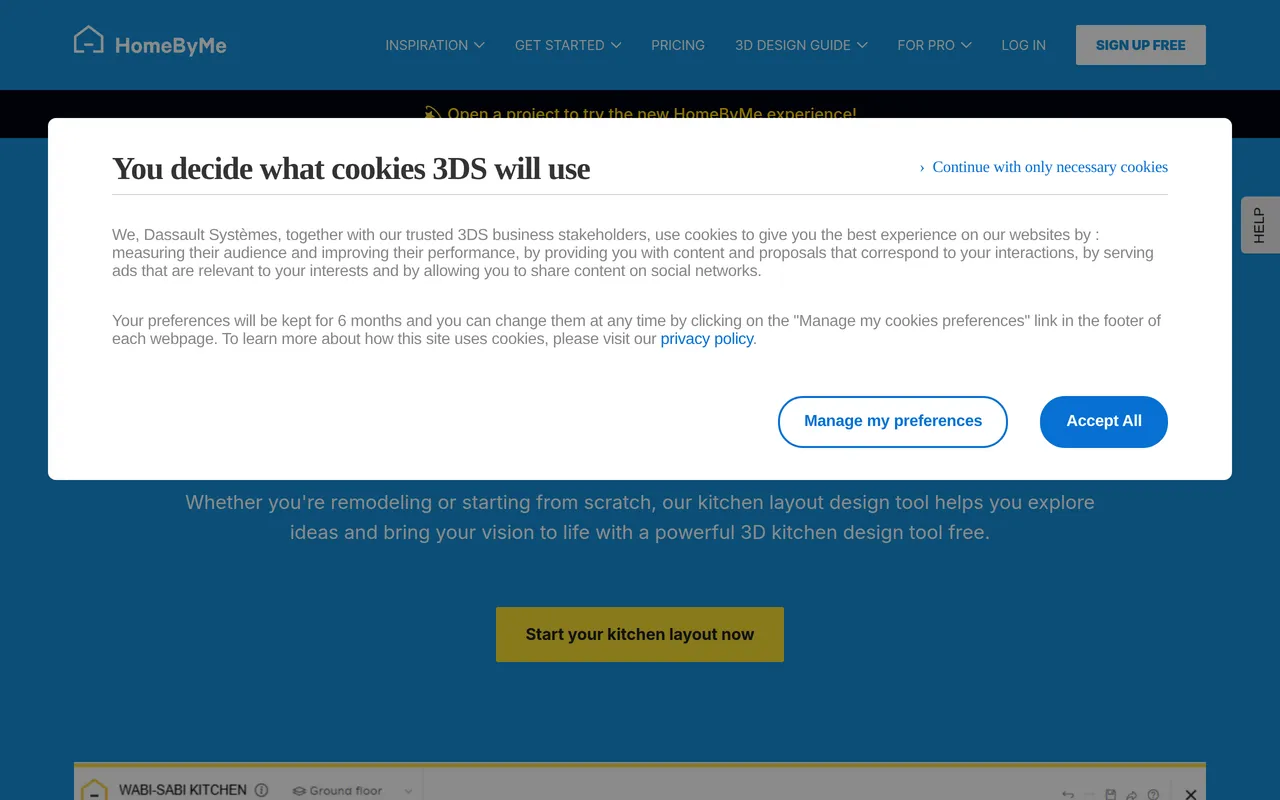 HomeByMe Kitchen Planner home page screenshot