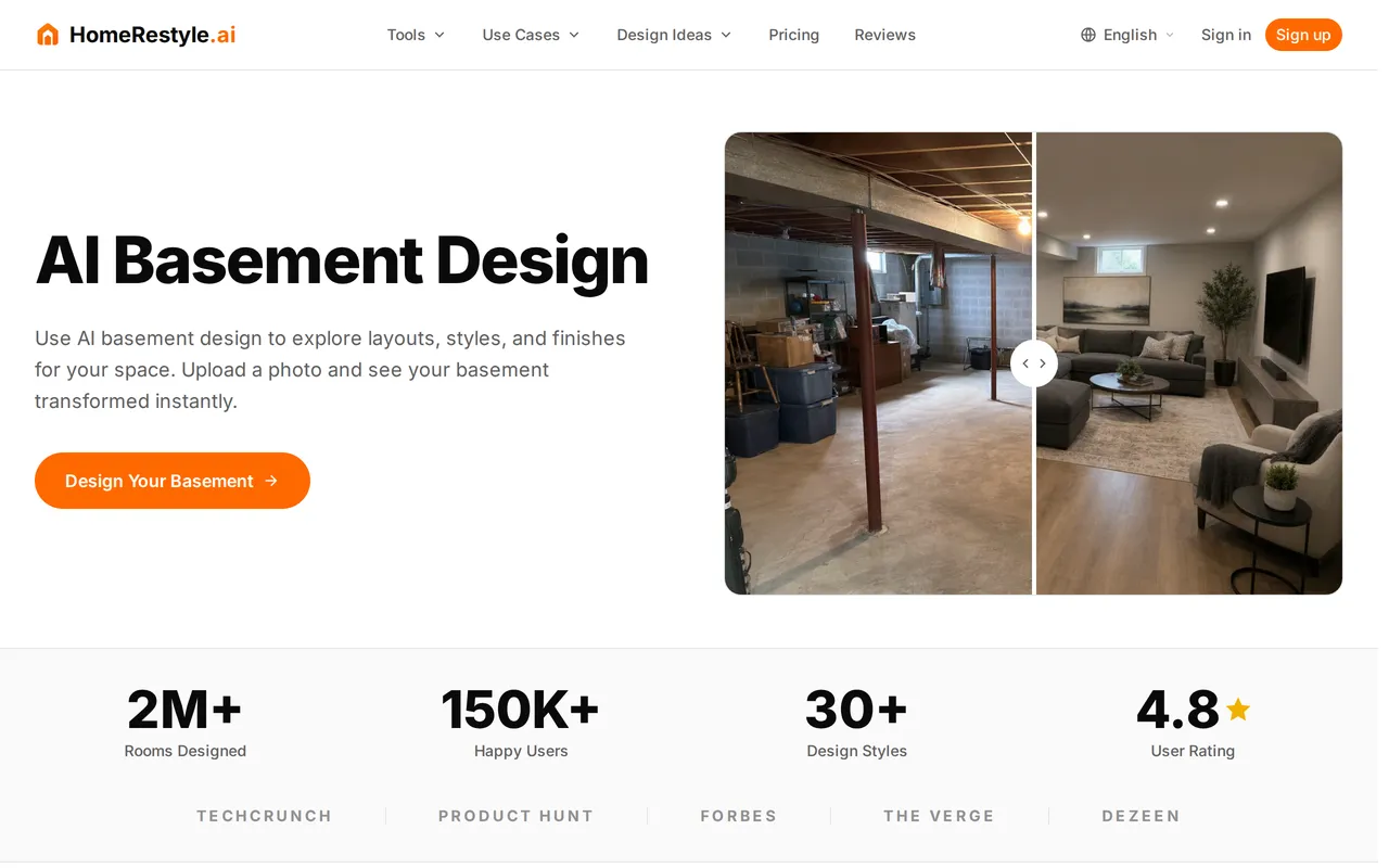 HomeRestyle AI Basement Design home page screenshot