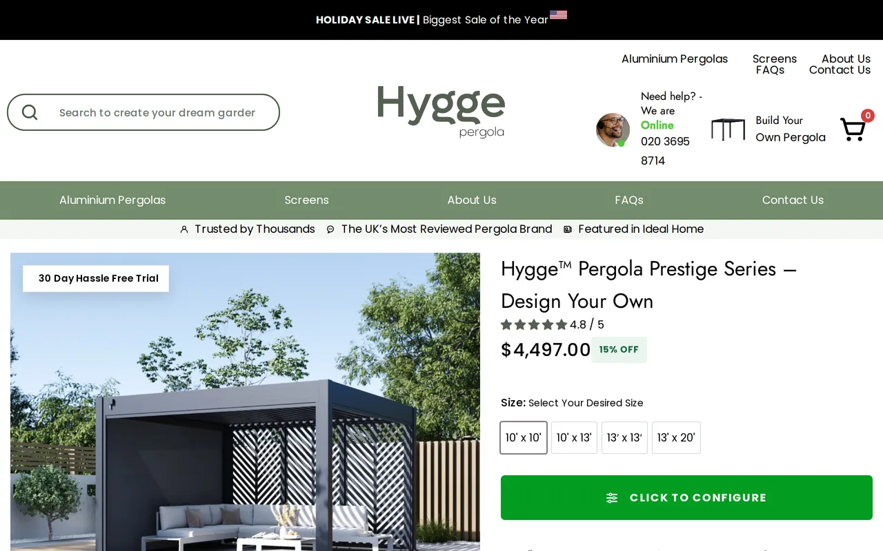 Hygge Pergola Configurator home page screenshot