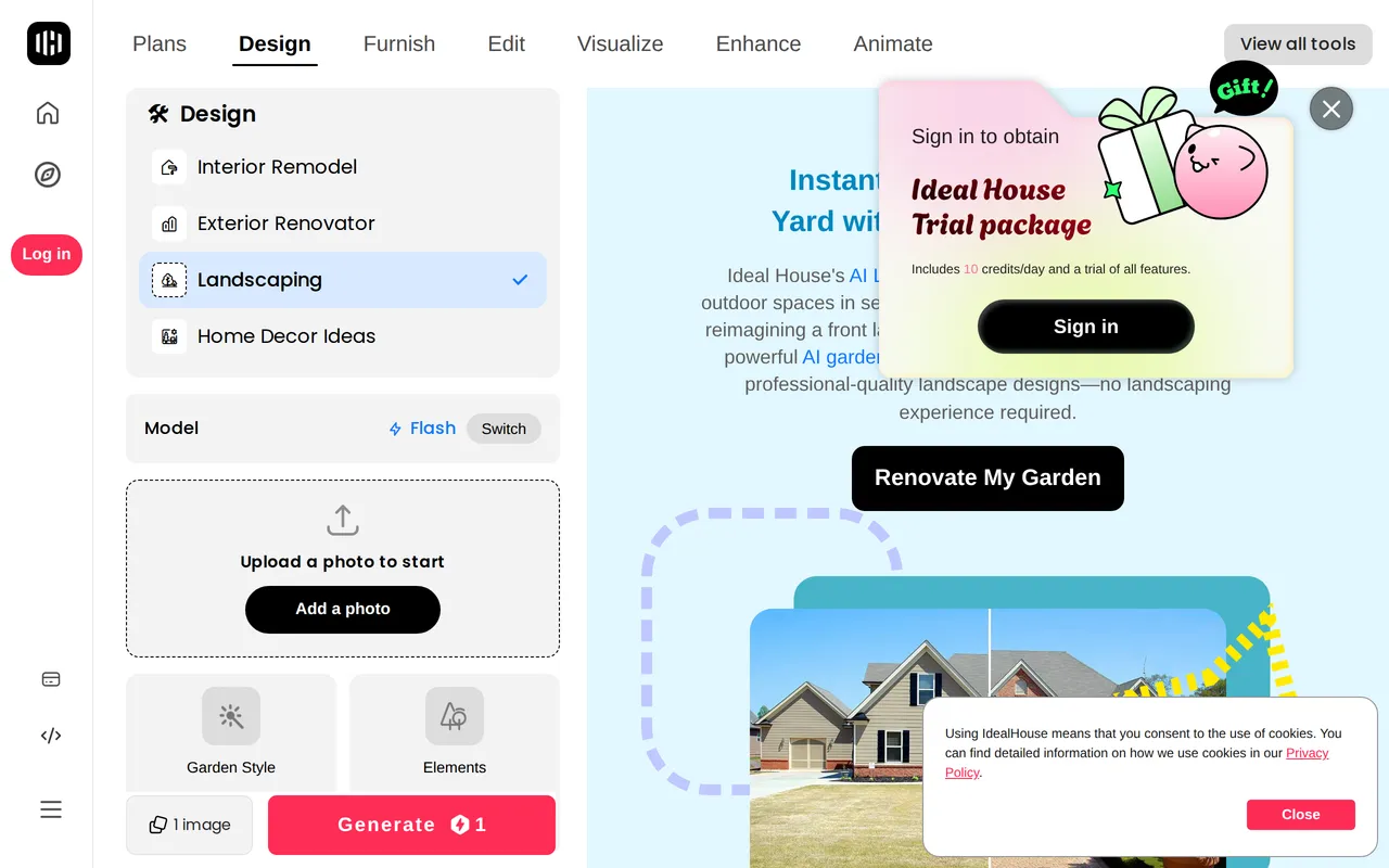 Ideal House AI Landscape Design home page screenshot