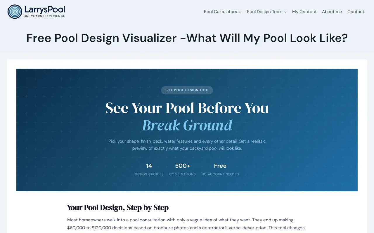 Larry's Pool Design Visualizer home page screenshot
