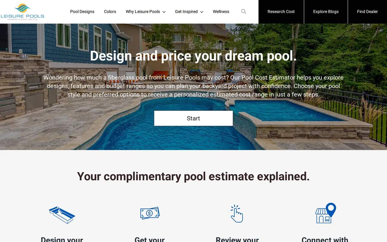 Leisure Pools USA Price Calculator home page screenshot