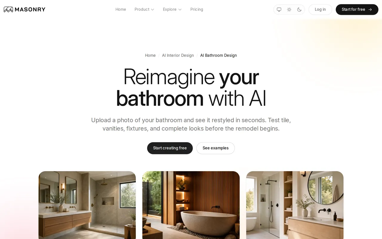 Masonry AI Bathroom Design home page screenshot