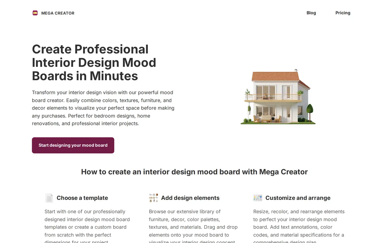 Mega Creator Interior Mood Board home page screenshot