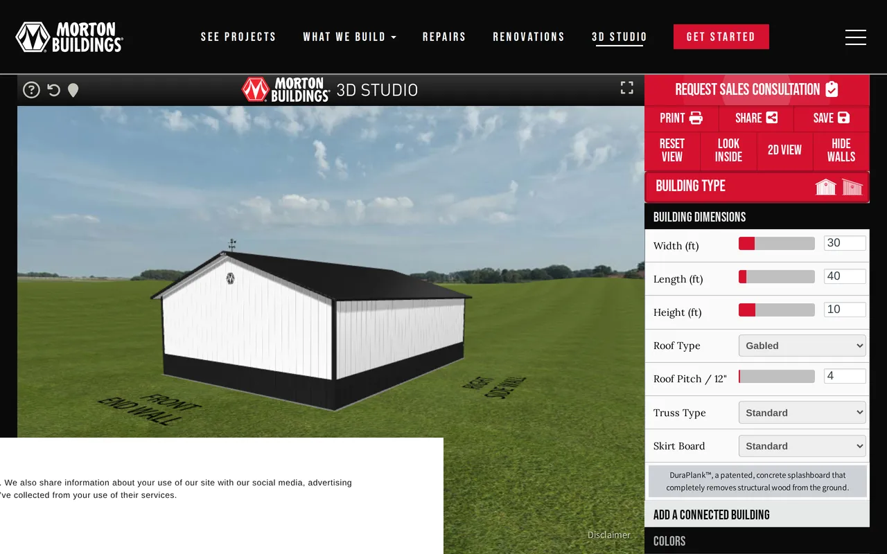 Morton Buildings 3D Studio home page screenshot