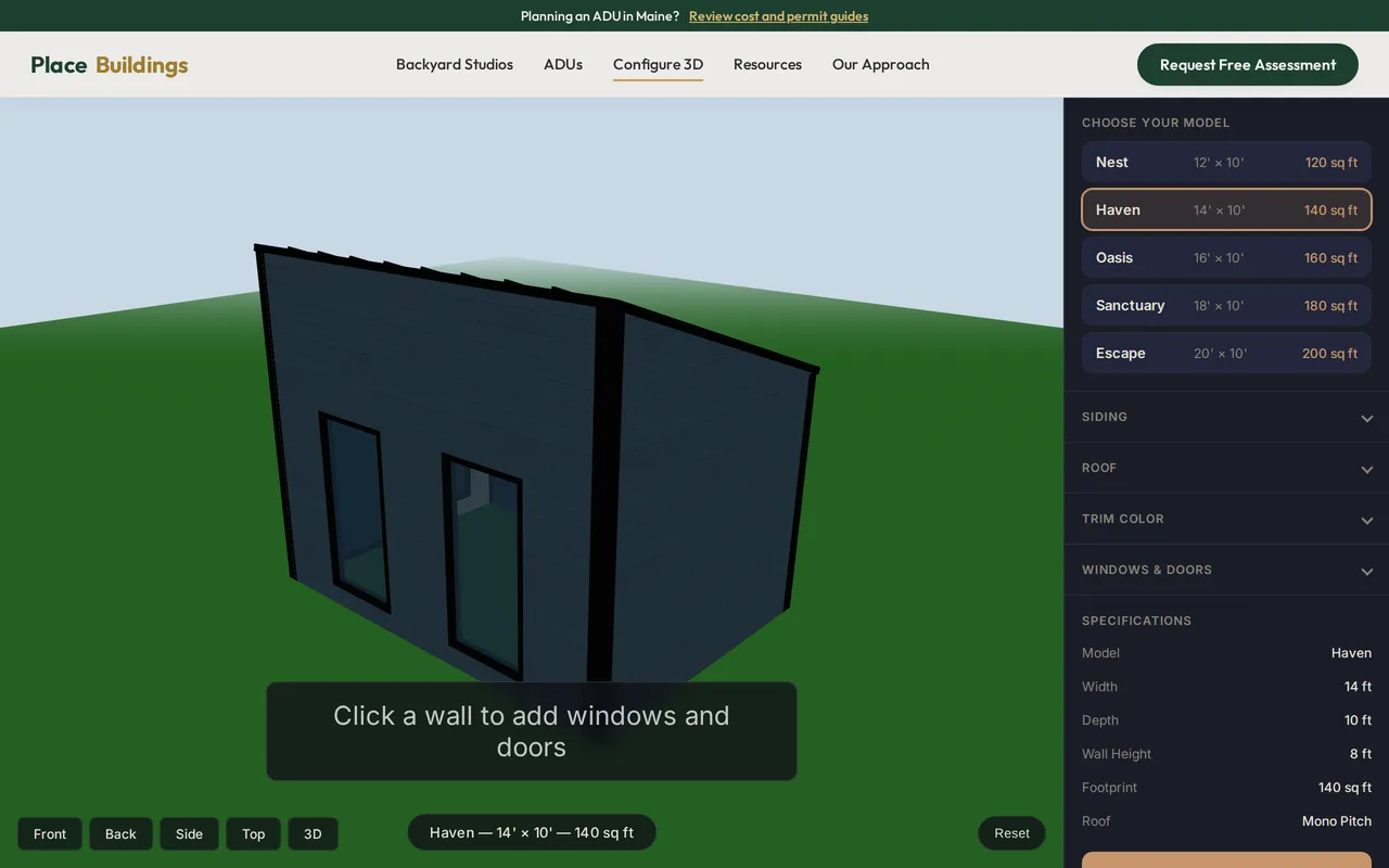 Place Buildings Backyard Studio Configurator home page screenshot