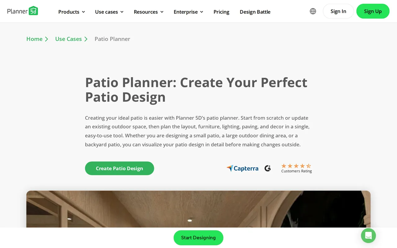 Planner 5D Patio Planner home page screenshot