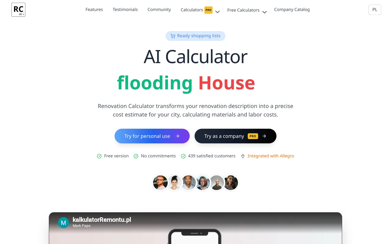 Renovation Calculator AI home page screenshot