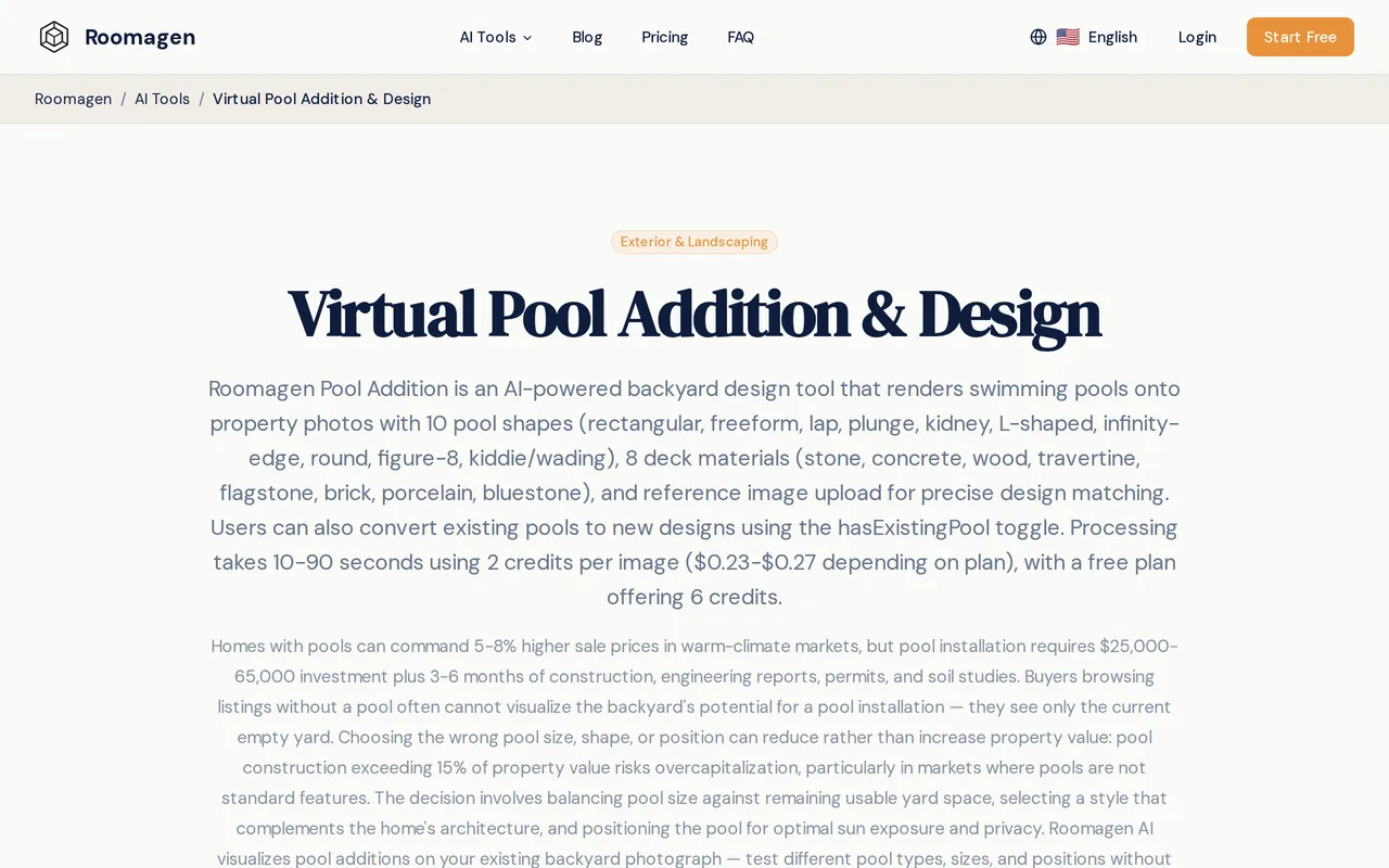Roomagen Pool Addition home page screenshot