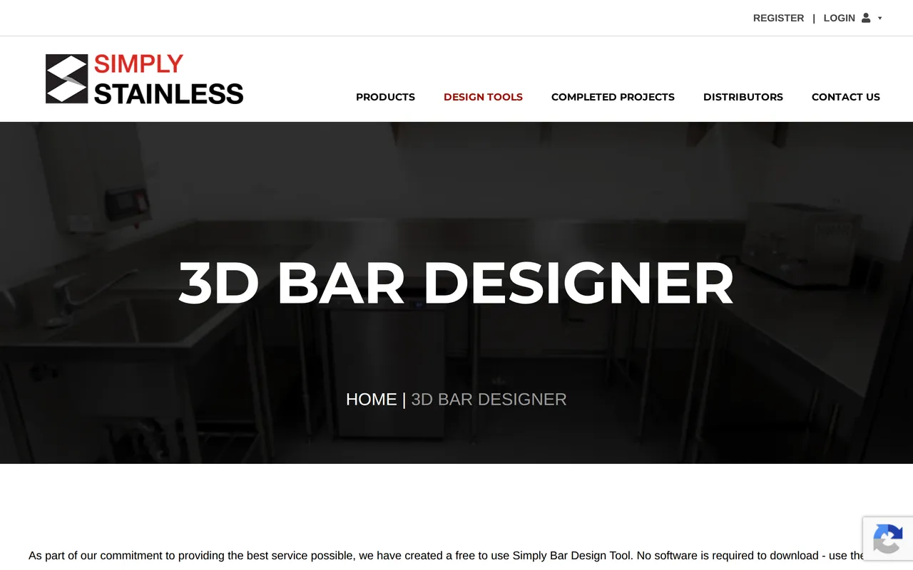 Simply Stainless 3D Bar Designer home page screenshot