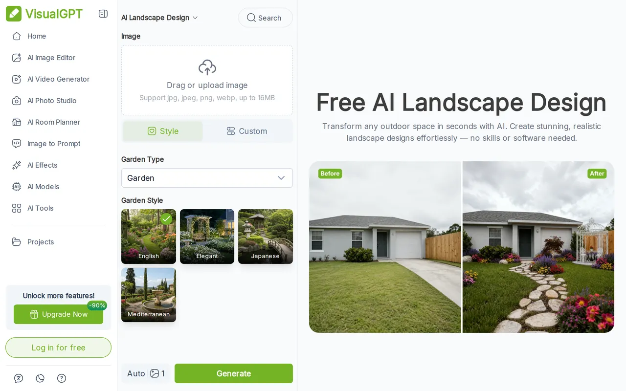 VisualGPT AI Landscape Design home page screenshot