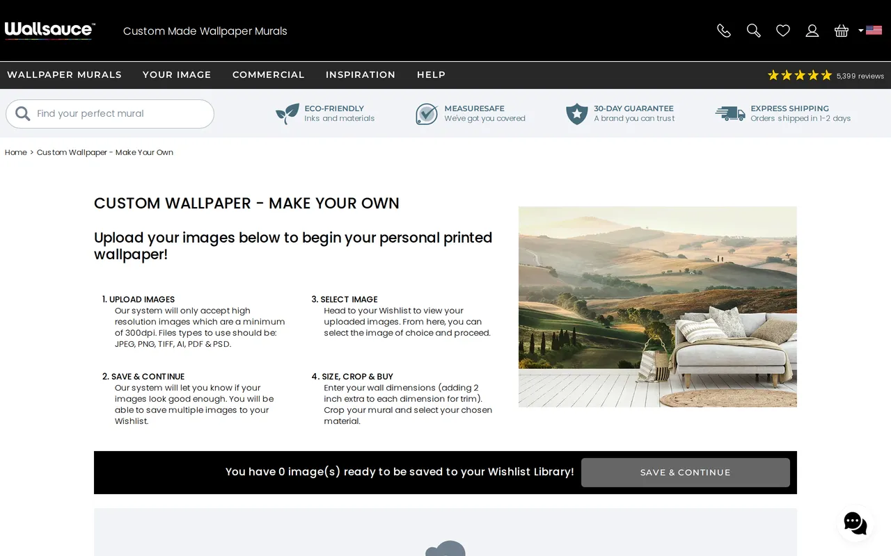 Wallsauce Custom Mural Builder home page screenshot