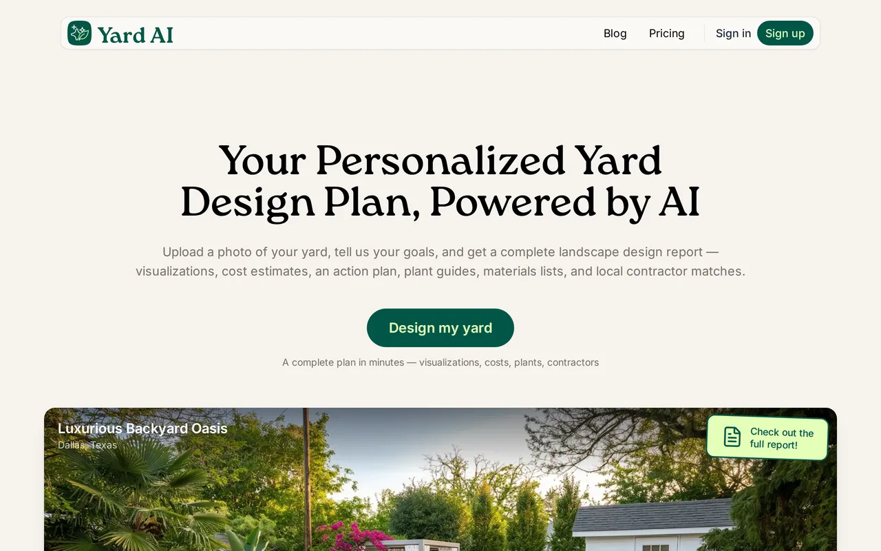 Yard AI home page screenshot