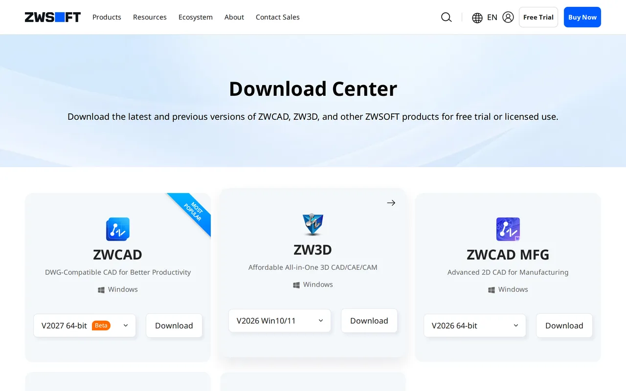 ZWCAD home page screenshot